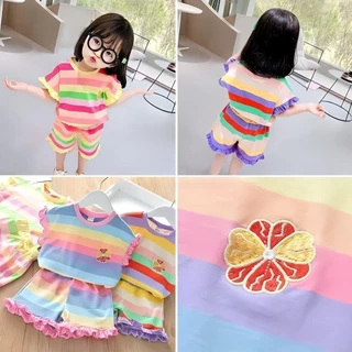 พร้อมส่ง ชุด2ชิ้น เสื้อคอกลม แขนสั้น กางเกง ลายปักดอกไม้ สีชมพู สีรุ้ง สไตล์เกาหลี สําหรับเด็กผู้หญิง พร้อมส่งในประไทย