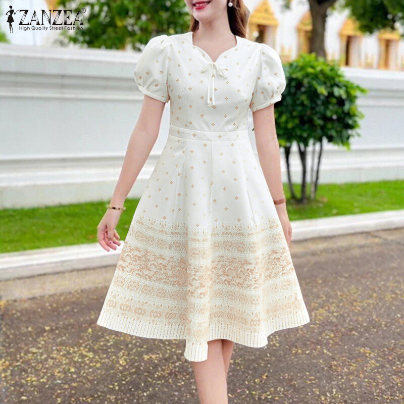 ZANZEA ใส่ ซานเซีย ผู้หญิงเกาหลีสง่างามหัวใจคอแขนสั้นพัฟแขนดอกไม้เอวซิปชุด - รูปที่ 4