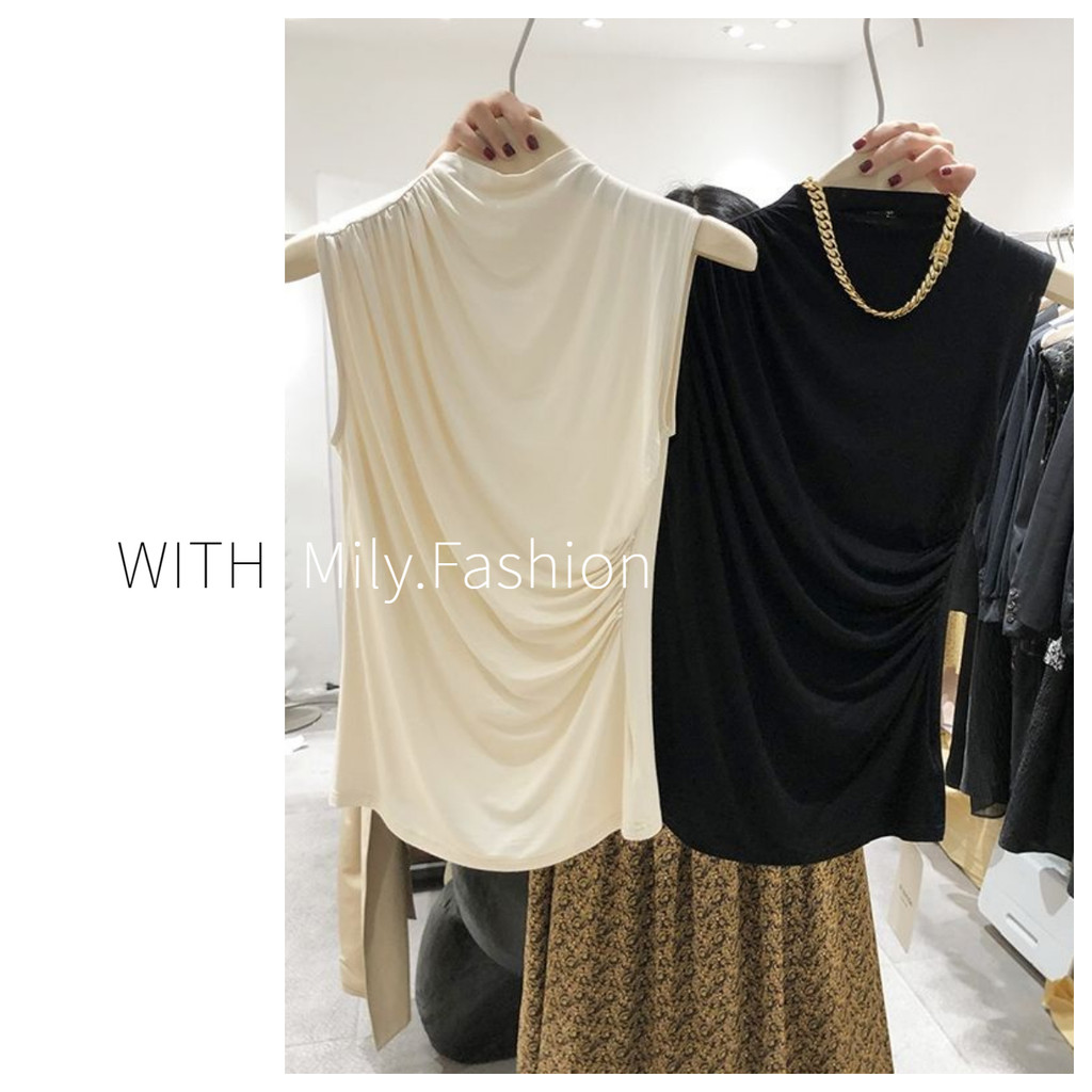 Milyfashion ใหม่สไตล์ผู้หญิงแขนกุดเก๋ที่ไม่ซ้ํากันครึ่งคอสูงออกแบบจีบ Slim-fit Slimmer ดูยืด