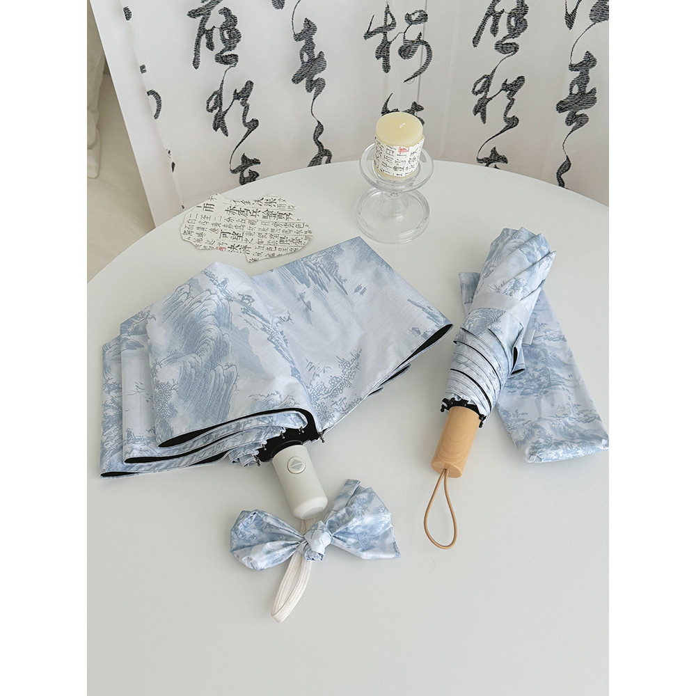 ร่มอัตโนมัติสำหรับผู้หญิงแบบวาดภาพหมึก Ebb and Flow ใช้ได้ทั้งแดดและฝน เคลือบสีดำ ป้องกันรังสียูวี ร