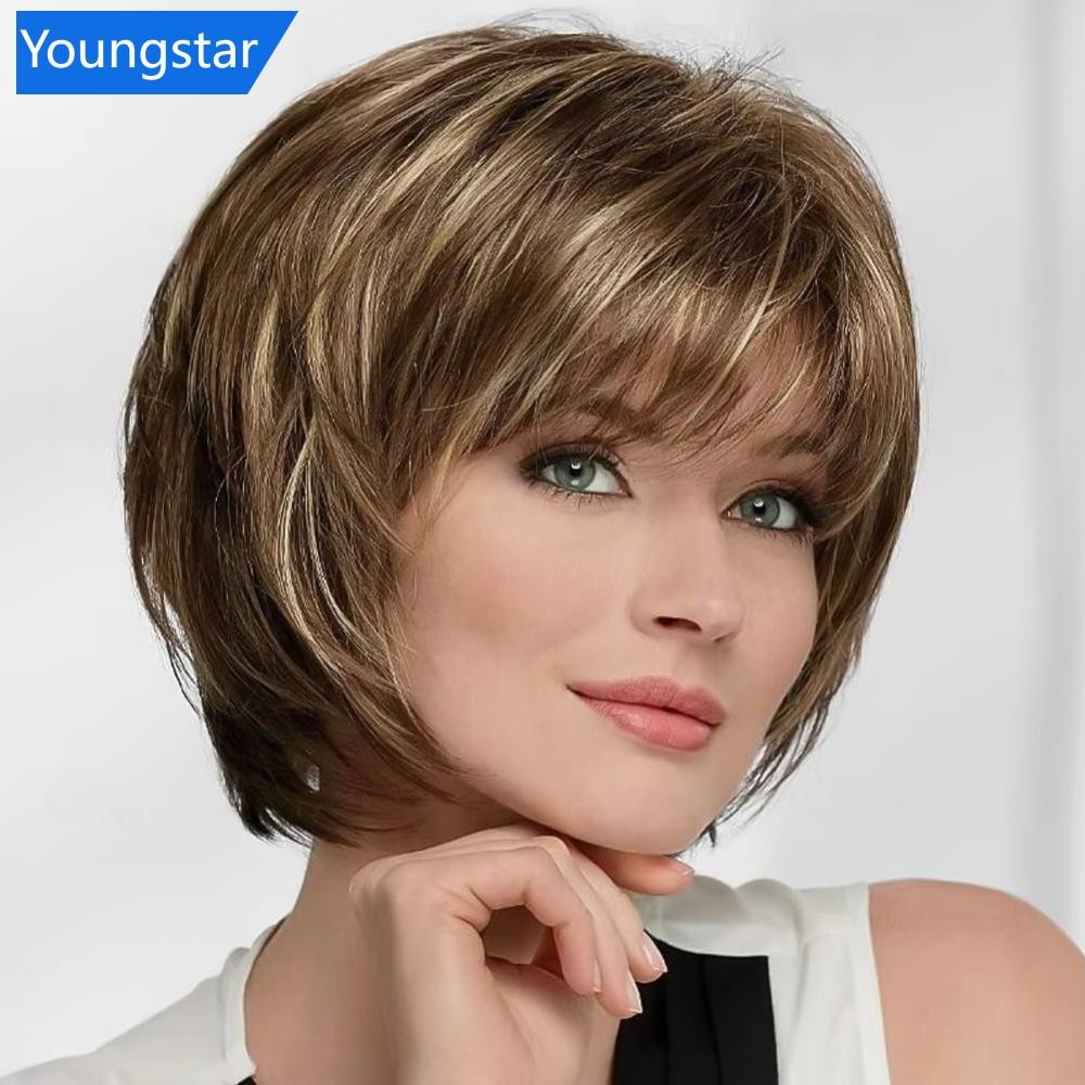 FYY วิกผมสั้นสำหรับสุภาพสตรี แบบปุยแนวทแยง เรียบ โกลเด้นสีขาว ทนความร้อนได้ดี ทำจากผ้าไหม