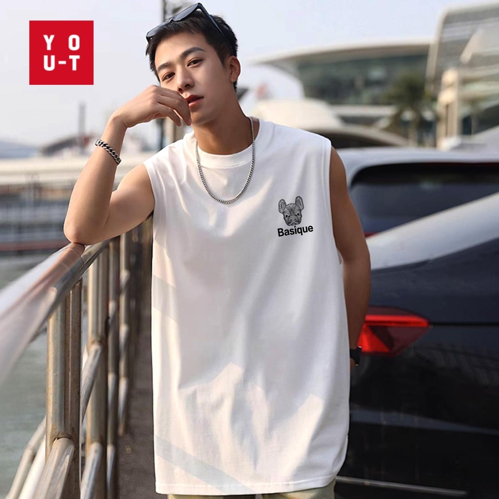 Y-T【พร้อมส่ง】💥 เสื้อกั๊กผู้ชาย คอกลม ไม่หดตัว ผ้าฝ้าย เย็นสบายในฤดูร้อน เสื้อแขนกุด พิมพ์ลาย "DOG BASIQUE"