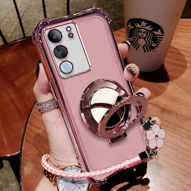 ปลอก VIVO V29 5G V29E 5G V29 PRO Luxury glitter สร้อยข้อมือ Clover โปร่งใสแต่งหน้ากระจกขาตั้งเคสโทรศัพท์ SJSFDDR