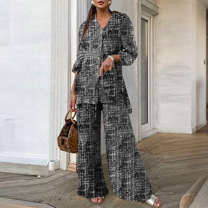 ZANZEA ผู้หญิงวินเทจลําลอง V คอแขนยาวกระเป๋าพิมพ์ปุ่มด้านข้าง Slit กางเกงขายาว 2 ชุด PC - รูปที่ 3