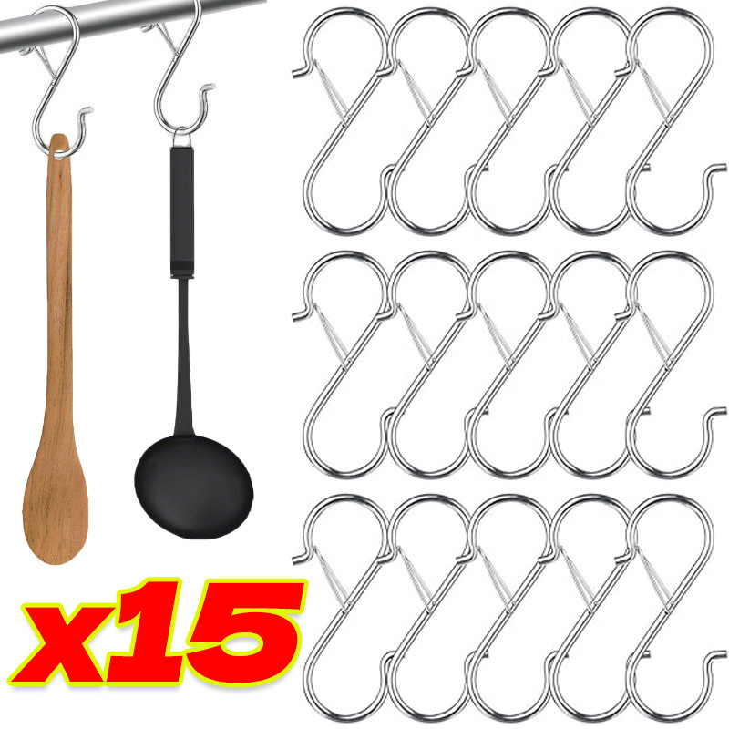 3/5/10/15 ชิ้น ตะขอแขวนรูปตัว S กันลมพร้อมหัวเข็มขัดนิรภัย - Home Silver Storage Double Hook