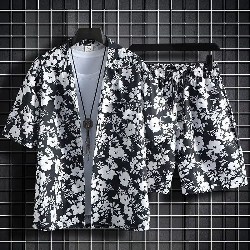 กางเกงขาสั้นผ้าไหมน้ําแข็งกทั้งชุดผู้ชายฤดูร้อนบางหลวมแขนสั้นเสื้อดอกไม้ฮาวายคู่ชายหาดสูท - รูปที่ 4