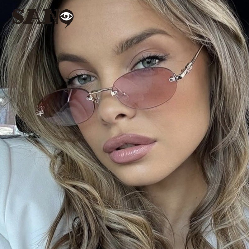 2025 ใหม่ยุโรปและอเมริการูปไข่ ไม่มีกรอบ เครื่องเทศสาวสไตล์แว่นตากันแดดโลหะผู้หญิง