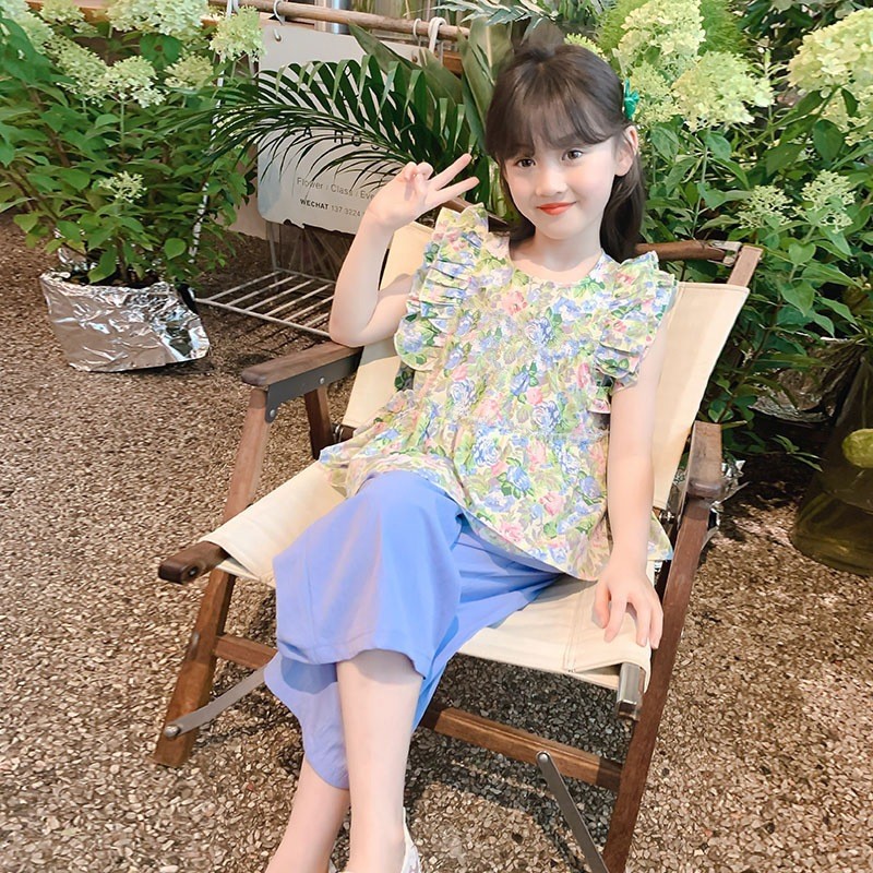 ชุดเซตเด็กผู้หญิง เสื้อพร้อมกาวเกง ชุดเด็กผู้หญิงน่ารัก สีสันสดใส เสื้อลายดอก กางเกงผ้าไหม เหมาะสำหรับฤดูร้อน ผ้าใส่สบาย - รูปที่ 2