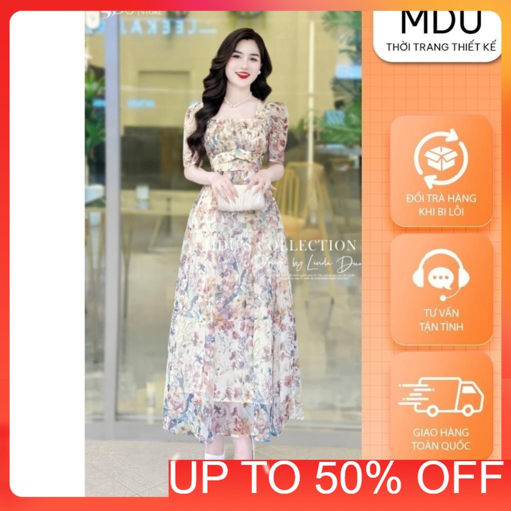 MDU4215 เดรสบานดีไซน์คอเหลี่ยมและวัสดุผ้าไหมเนื้อนุ่มจาก MDU K33-D2-4