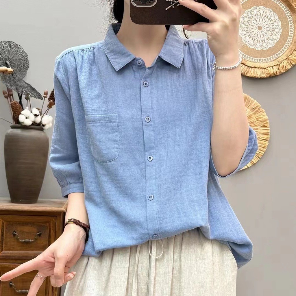 เสื้อผ้าฝ้าย 100% คุณภาพสูงสําหรับผู้หญิงเสื้อสไตล์ใหม่กลางแขนหลวมสบายๆสไตล์เกาหลีสีบริสุทธิ์ผ้าสองชั้นแขนสั้นเสื้อลําลองหญิง