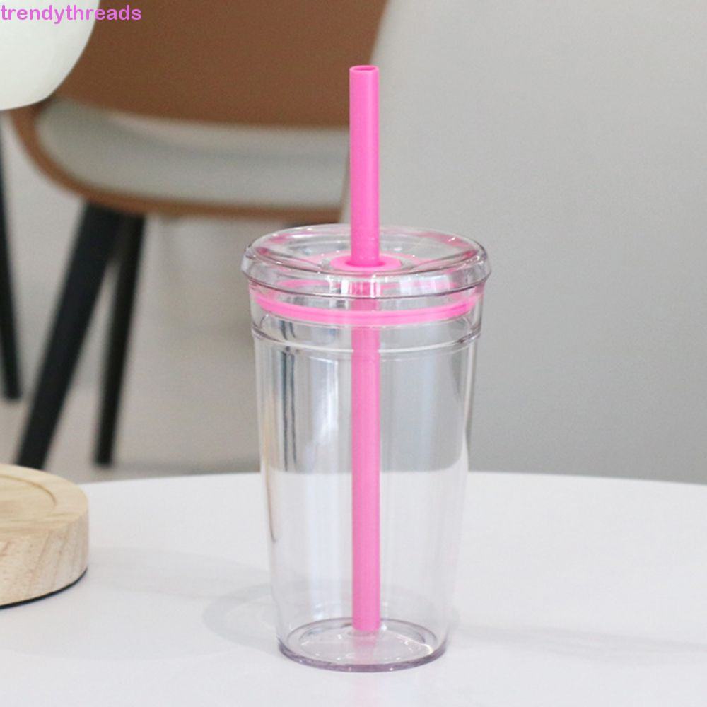 TRENDYTHREADS ถ้วยฟาง, ถ้วยกาแฟโปร่งใส 450 มล., ถ้วยดื่มแบบใช้ซ้ําได้พลาสติกชั้นเดียวแบบพกพาที่บ้าน
