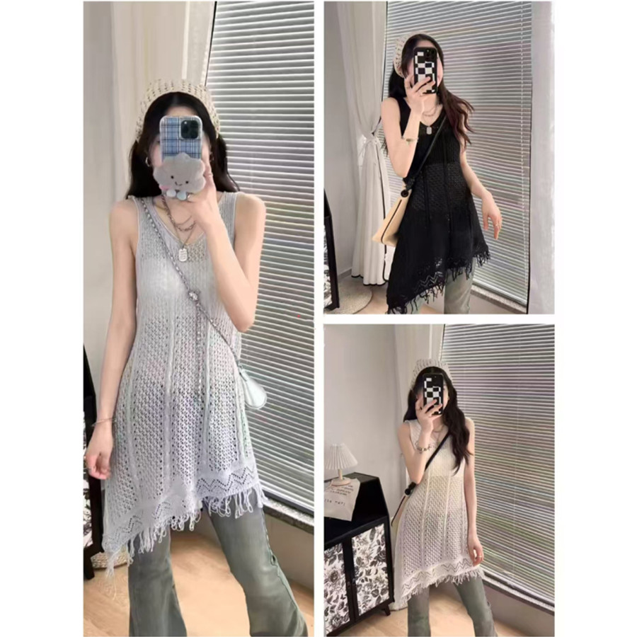 C&M ผู้หญิงฤดูร้อน Fringed Design V คอ Cover-ups หลวมอเนกประสงค์เสื้อกั๊กถักยาว