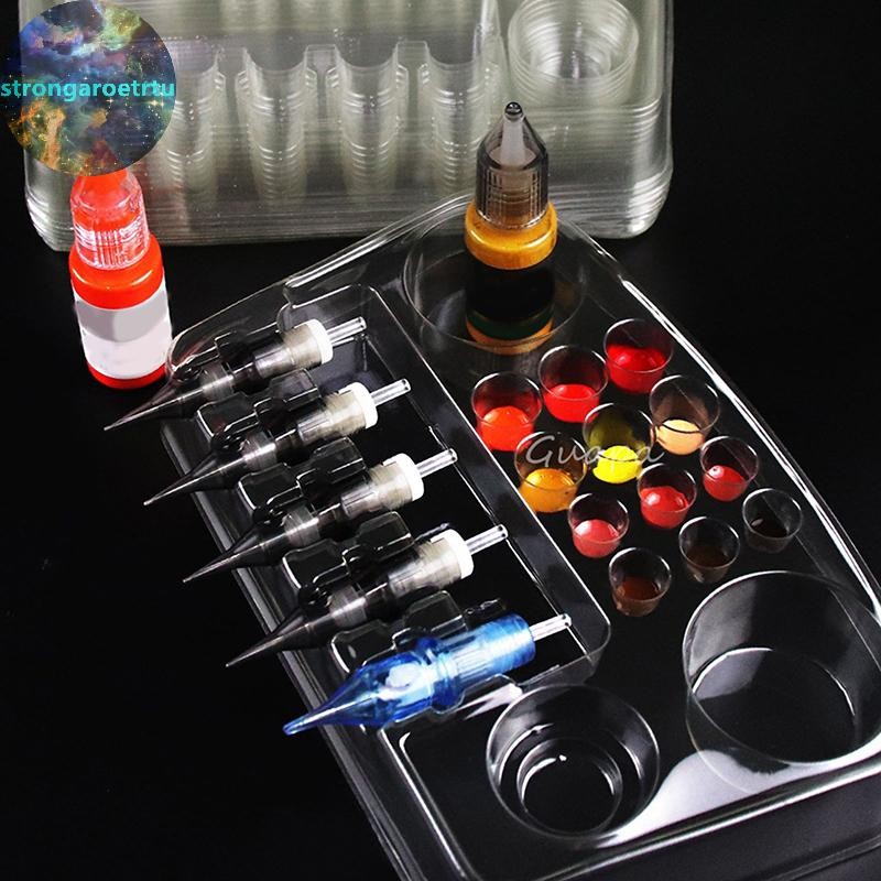 Strongaroetrtu 12 ชิ้นทิ้ง Tattoo Pigment ผู้ถือถาดตลับหมึกสักเข็มจัดเก็บ Microding Body Art อุปกรณ์เสริม TH
