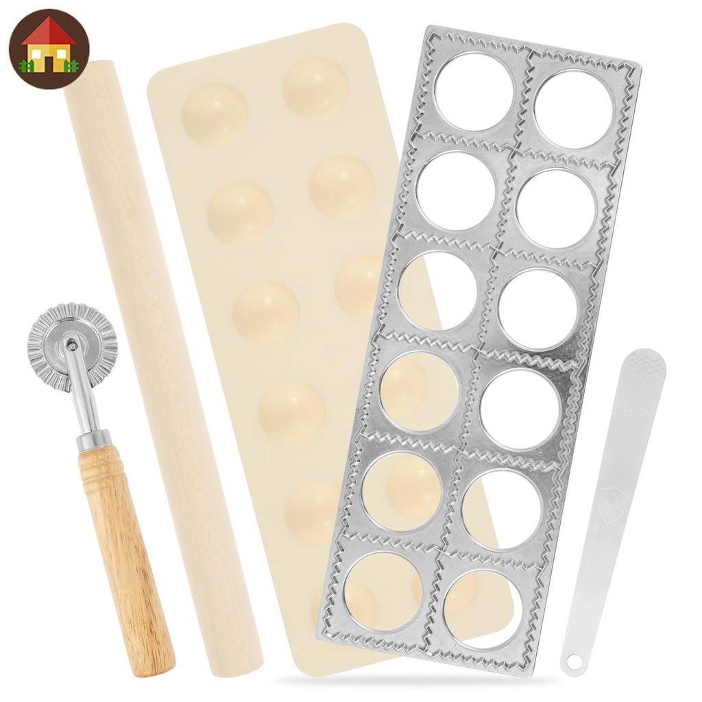 Ravioli ชุดแม่พิมพ์ Multifuncational Ravioli Maker พร้อมไม้ Rolling Pin Pastry Cutter ล้อและช้อนบรรจ