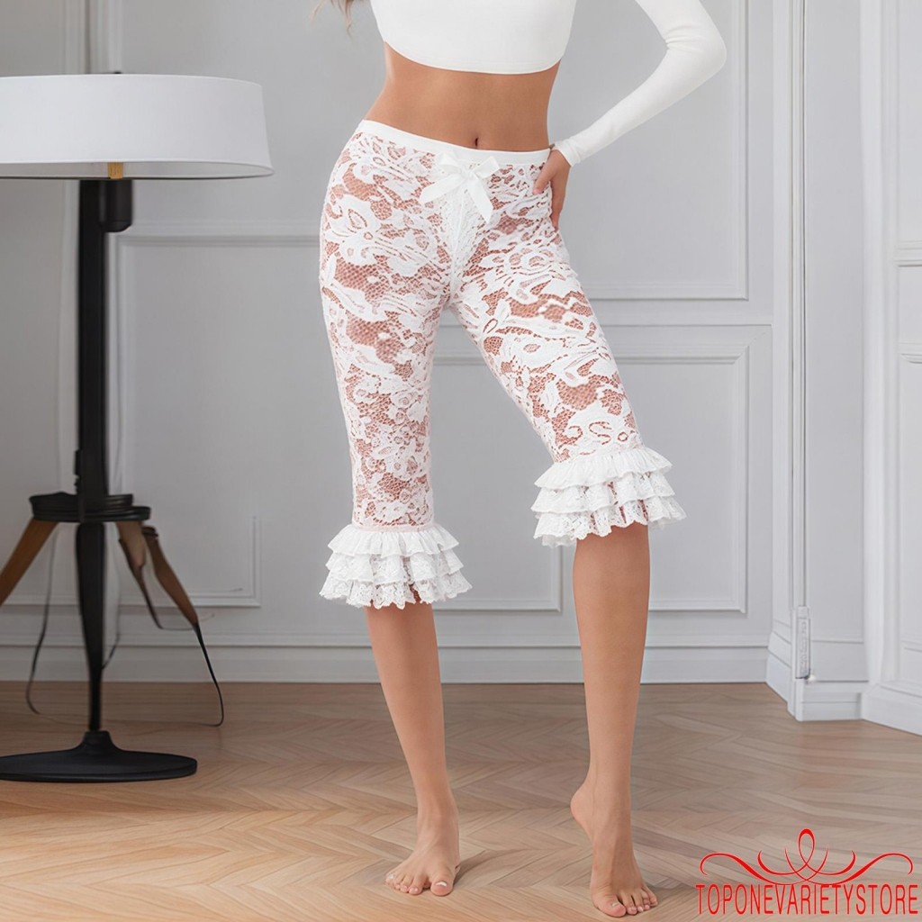Topone-ผู้หญิงลูกไม้Ruffle Capriกางเกงขายาวเชียร์ตาข่ายยืดหยุ่นดูผ่านกางเกง