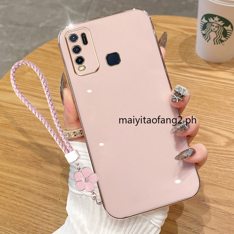 ปลอกสําหรับ Vivo Y50 Y30 Y30i 1935 1938 เลนส์กล้องชุบซิลิโคนสแควร์ป้องกันเคสโทรศัพท์ + ฟรีเชือกเส้นเล็ก 6DDD