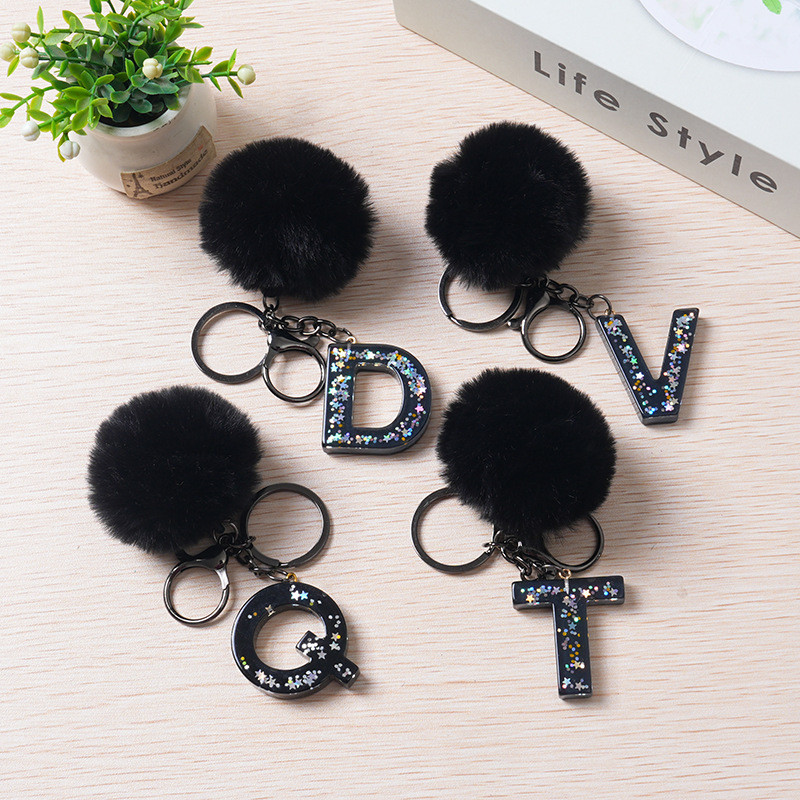 GANTUNGAN CUSTOM RESIN KEYCHAIN INITIALS ALPHABET EDITION | BLACK FURRY BALLS RESIN KEYCHAIN | พวงกุ