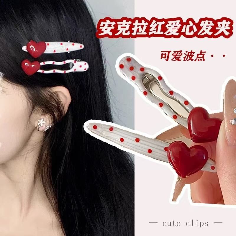 สไตล์เกาหลีหัวใจสีแดงลายจุด ใบเรียกเก็บเงินเป็ด คลิปหญิงระดับไฮเอนด์กิ๊บคลิปด้านข้างใหม่