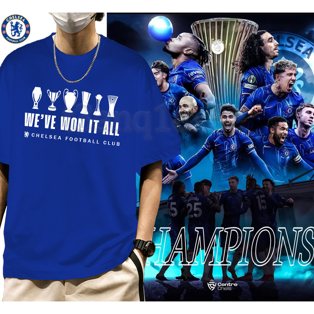 "Champion！"Europa League Chelsea 2025 แชมป์ลอนเสื้อยืด, ยุโรปแกรนด์สแลม, งพิมพ์สำหรับผู้ชายและผู้หญิ