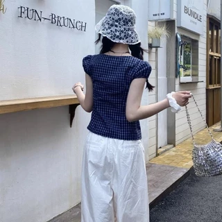 LINNA~วินเทจ ตาหมากรุก ผูกขึ้น แขนสั้น เสื้อเชิ้ต สไตล์ใหม่ เวอร์ชั่นเกาหลี สไตล์แฟชั่น