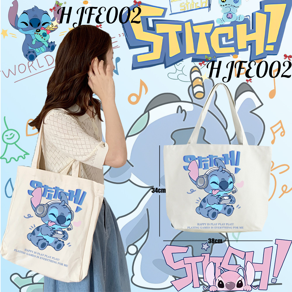Disney Lilo Stitch Tote Bag กระเป๋าผ้าแคนวาสสะพายไหล่แบบลำลอง ความจุขนาดใหญ่ ใส่ของได้เยอะ#09
