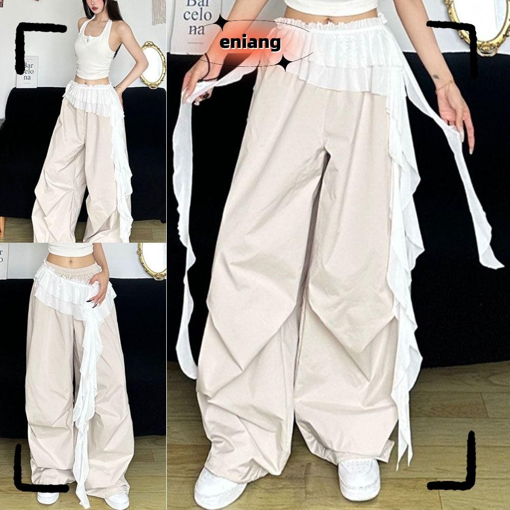 ENIANG ลูกไม้มินิกระโปรง,ปักดอกไม้ไม่สม่ําเสมอ Lace Up Ruffles กระโปรง,ดูผ่าน Y2K Streetwear เอวสูง Ruched กระโปรง