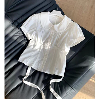 LINNA~TBเวอร์ชั่นเกาหลี สีทึบ ผูกขึ้น ประกบ แขนสั้น เสื้อเชิ้ต สไตล์ใหม่ สไตล์หวาน