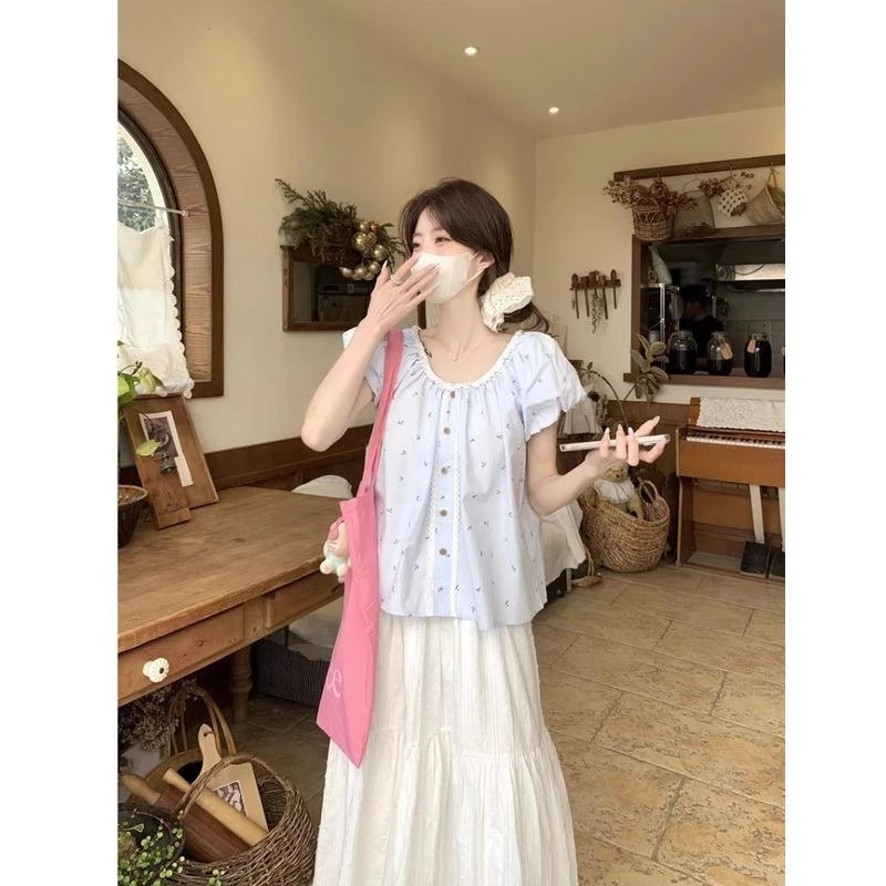 เสื้อเชิ้ตแขนสั้นผู้หญิงลูกไม้ลายดอกไม้ แขนพัฟ thumbnail 5