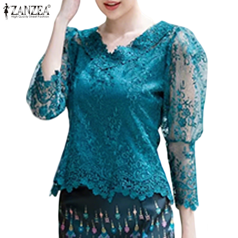 ZANZEA ซานเซีย เสื้อลูกเรือนแขนลูกไม้โครเชต์สำหรับผู้หญิงสไตล์เกาหลีหรูหรา