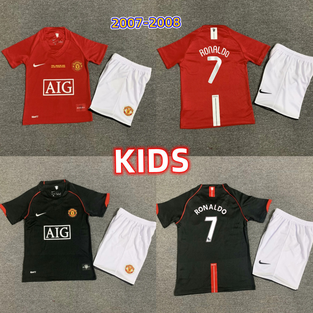 2007 2008 Manchester United Kids Kit SHIRT Home AWAY Ronaldo Retro Soccer Jersey 07 08