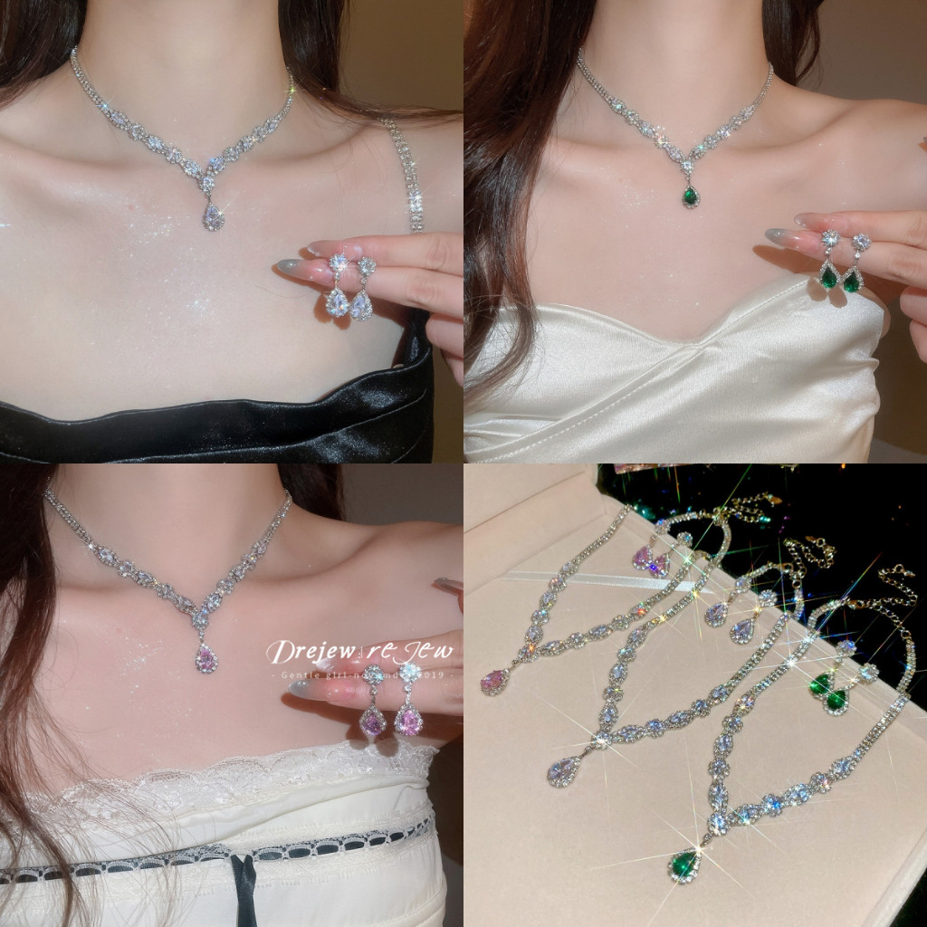 เดรสเพทายหยดน้ำจิ้น้ำหนักสร้อยคอมงคลพร้อมต่างหูชุดแสงหรูหราระดับไฮเอนด์สำหรับผู้หญิง