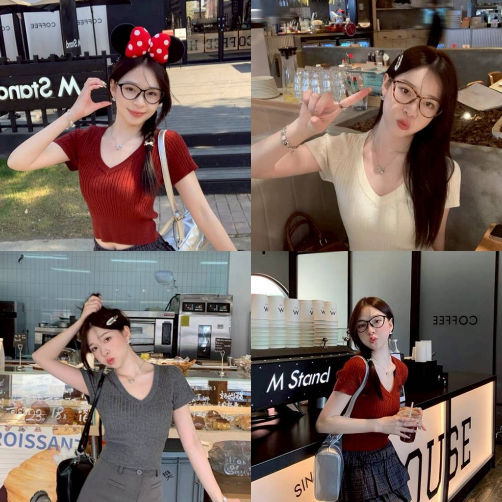 Pudding ~พร้อมส่ง~ “W-G013” เสื้อคอวีไหมพรมน่ารัก แขนสั้นครอป ยืดพอดีใส่ง่าย ราคา ถูกที่สุด ดีลบีเคเค