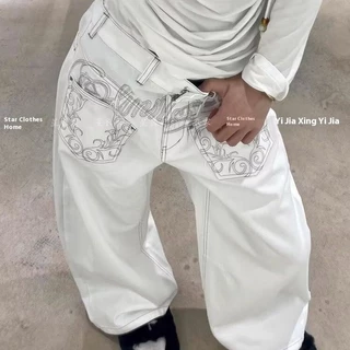 Baolongxin วินเทจปักกางเกงยีนส์เปลวไฟของผู้หญิงใหม่ฤดูร้อน Streetwear พังก์กางเกงขากว้างหลวม