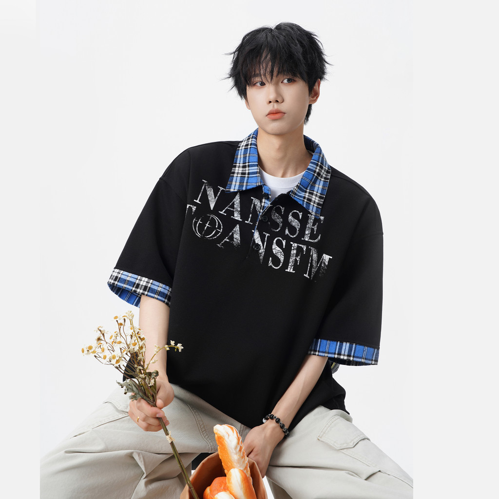 Suikone อเมริกัน High Street จดหมายพิมพ์ปลอมสองชิ้นเสื้อโปโลฤดูร้อนชายและหญิงลายสก๊อตเย็บเสื้อโปโล