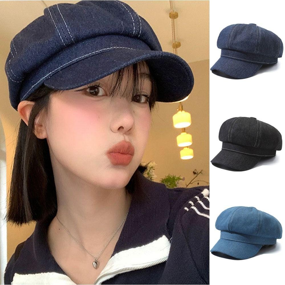 ROSE หมวกแปดเหลี่ยม, สีทึบวินเทจผู้หญิง Denim Beret, Casual อเนกประสงค์กลับปิดหมวก Newsboy
