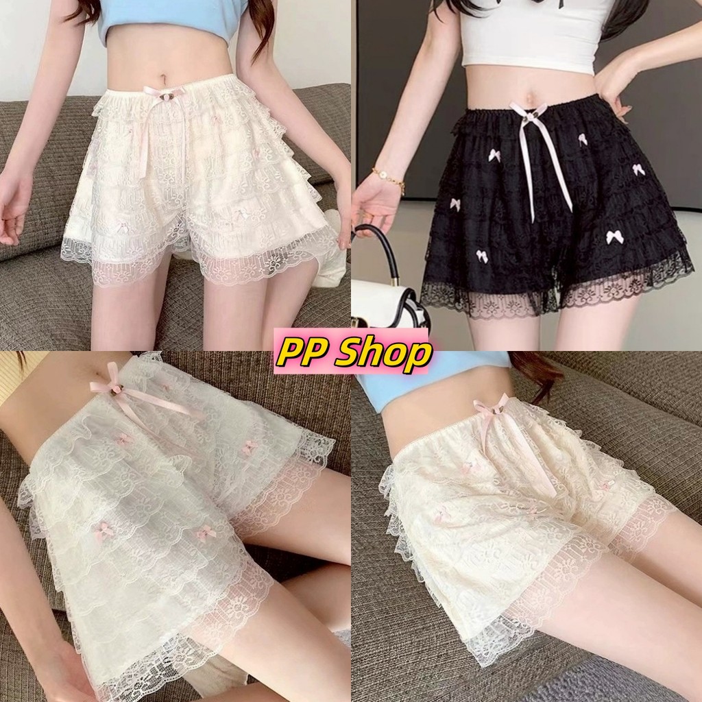 💜PP Shop​💜พร้อมส่ง กางเกงขาสั้น เอวสม๊อค กางเกงลำลอง กางเกงลูกไม้ แต่งลูกไม้โบว์ สีพื้น ใส่สบาย ทรงส