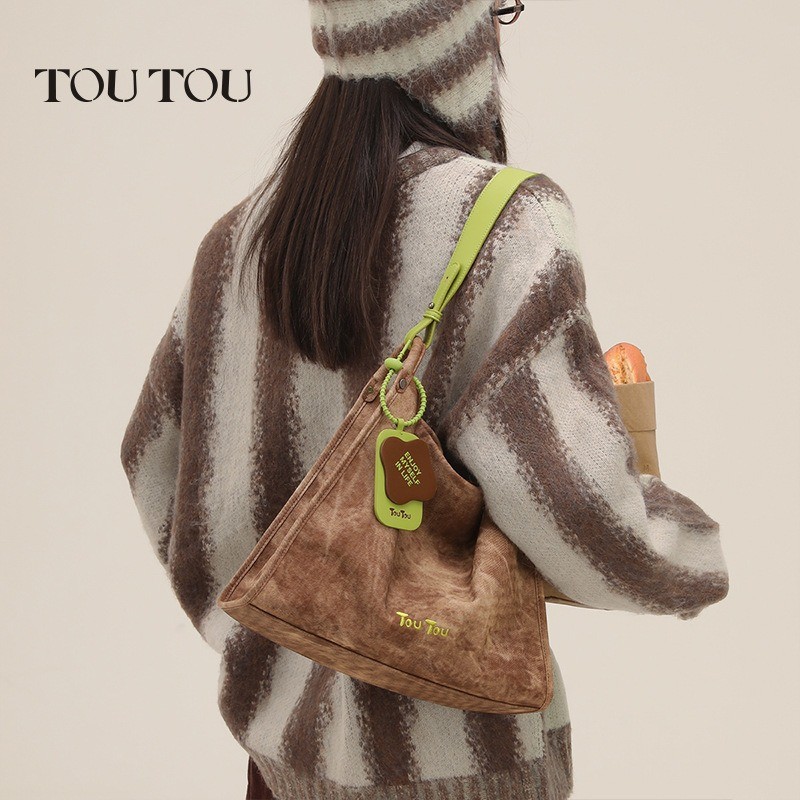 Retro Matcha One Shoulder Tote Bag, Color Contrasting Large Capacity Commuting Texture กระเป๋าใต้วงแขนอเนกประสงค์ – โปรปัง