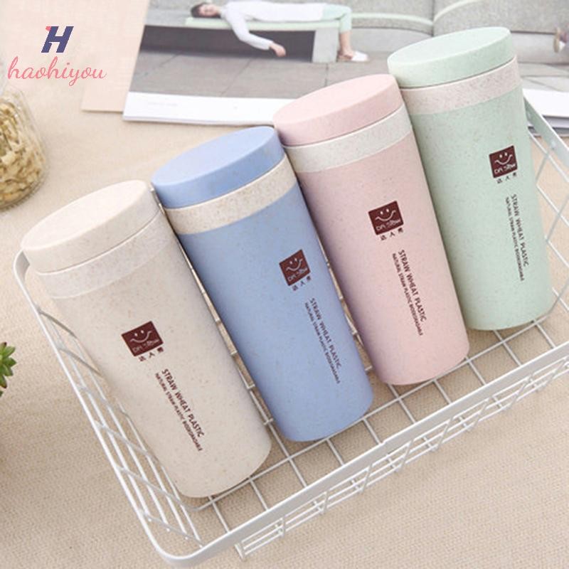 <haohiyou> แบบพกพา 300ml Thermos ขวดพลาสติกเพื่อสุขภาพฟางข้าวสาลีถ้วย Double Layer แก้วเก็บความร้อนสํานักงานชากาแฟขวดน้ําแก้วเดินทาง Nice
