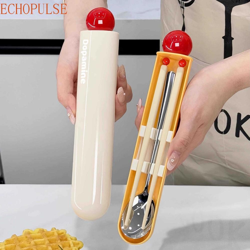 ECHOPULSE ชุดช้อนส้อมแคมป์ปิ้ง สไตล์ Dopamine พร้อมกล่องเก็บของ ชุดเครื่องใช้บนโต๊ะอาหารนักเรียน แบบพกพาน่ารักในตัว Silent Slot ชุดบนโต๊ะอาหารโรงเรียน
