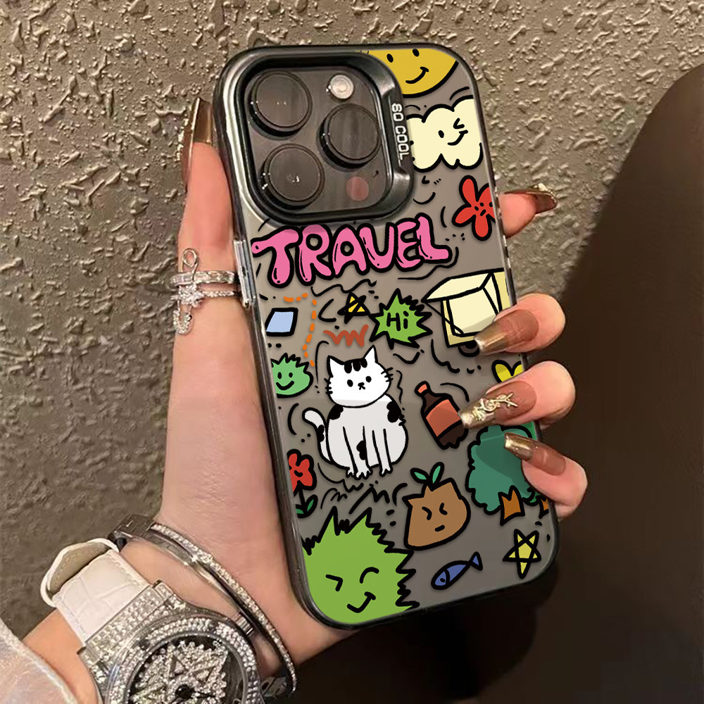 แมวการ์ตูน เคส For iPhone 11 12 13 14 15 16 Pro Max 7 8 Plus X XR SE 2 เคส iPhone 11 เงินกันกระแทก IMD ด้าน เคสโทรศัพท์