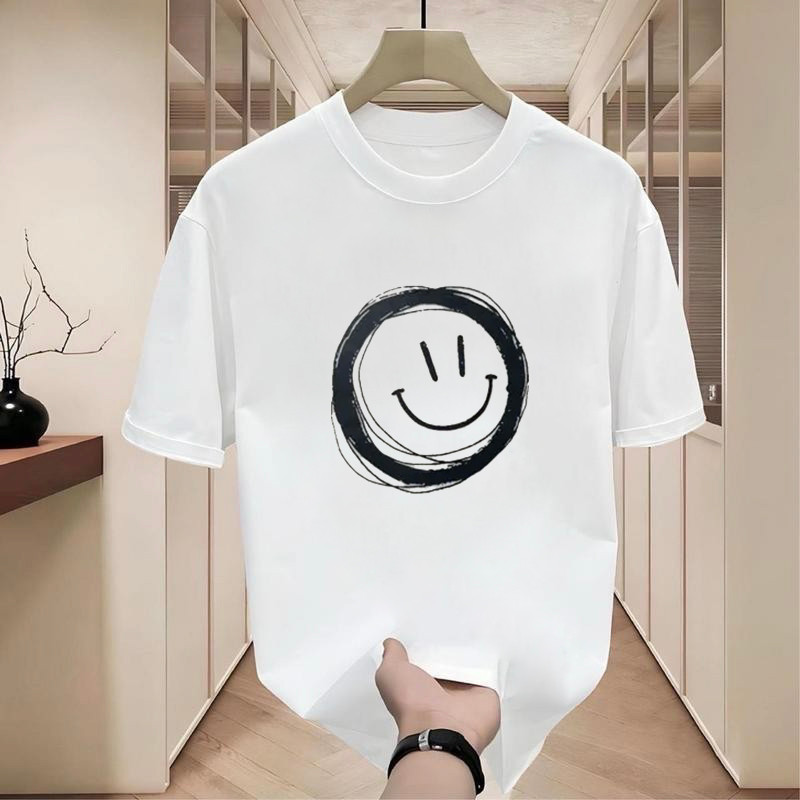 เสื้อยึดแขนสั้น คอกลม oversize t shirt เสื้อสีพื้น สีขาว-สีดำ  เสื้อยิ้ม-smile ยืดผู้ชาย