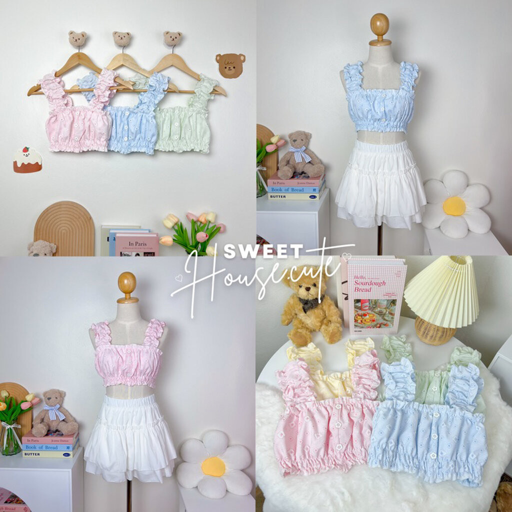 SweetHouse 218   เสื้อแขนกุดระบายแขนตุ๊กตา สีหวานพาสเทลแต่งด้วยกระดุมดอกไม้ หวานฉ่ำมากก