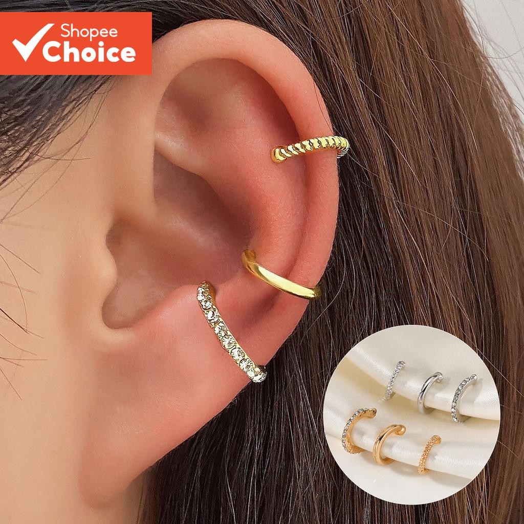 3 ชิ้น Minimalist Elegant Rhinestone U รูปหูคลิปผู้หญิง Vintage Non Pierced ชุด