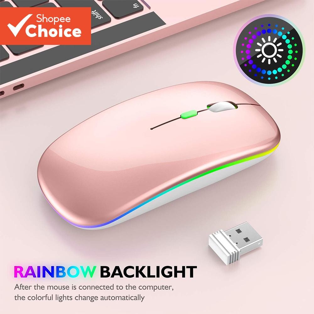 เมาส์ไร้สายแบบชาร์จไฟได้ ไฟ LED บาง 2.4GHz บลูทูธ 5.2 เงียบสําหรับแล็ปท็อป Windows Mac PC