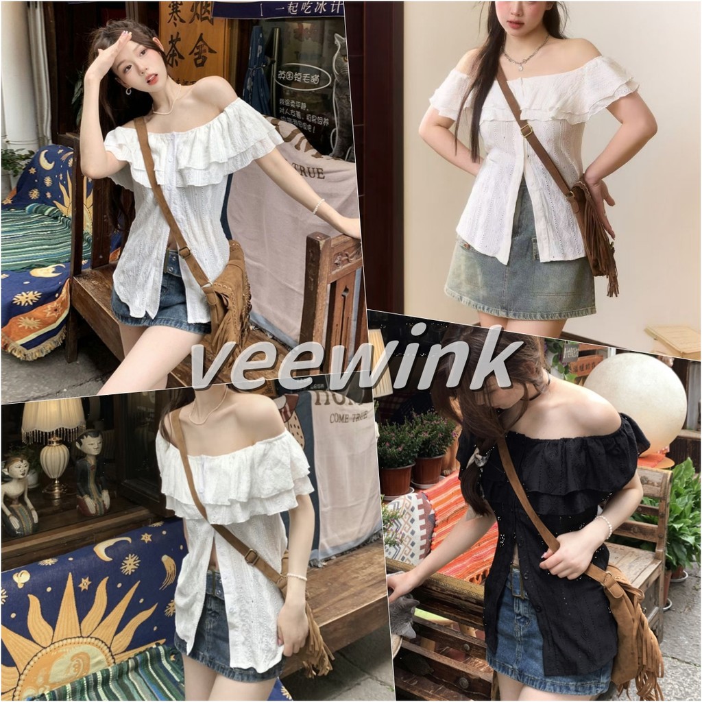 Veewink พร้อมส่ง🔥เสื้อท่อนบน เสื้อเบลาส์ผู้หญิง มีกระดุม แต่งระบาย สีพื้น สไตล์ลำลอง