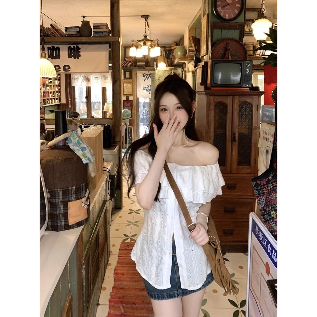 Veewink พร้อมส่ง🔥เสื้อท่อนบน เสื้อเบลาส์ผู้หญิง มีกระดุม แต่งระบาย สีพื้น สไตล์ลำลอง - รูปที่ 3