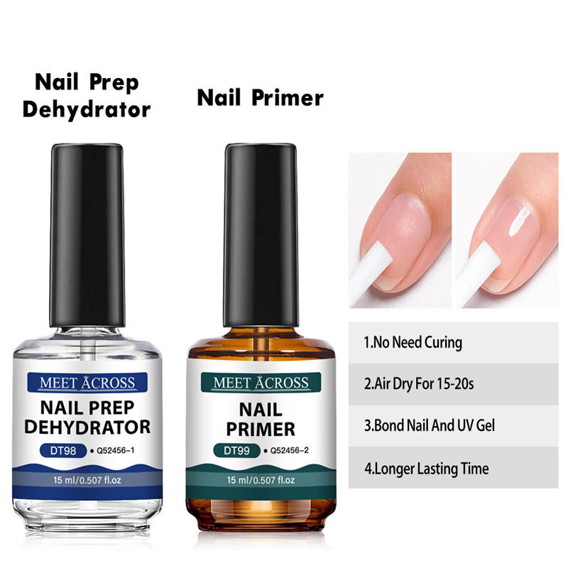 MEET ACROSS 2PCS เล็บ Prep Dehydrator เล็บ Primer ชุด UV เจล Polish Base Top Coat 15ML
