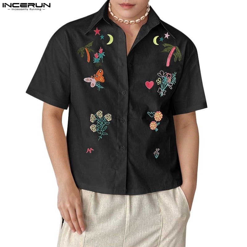 ไม่แน่นอน เสื้อเชิ้ตฤดูร้อนปักลายพิมพ์ลายสําหรับผู้ชาย