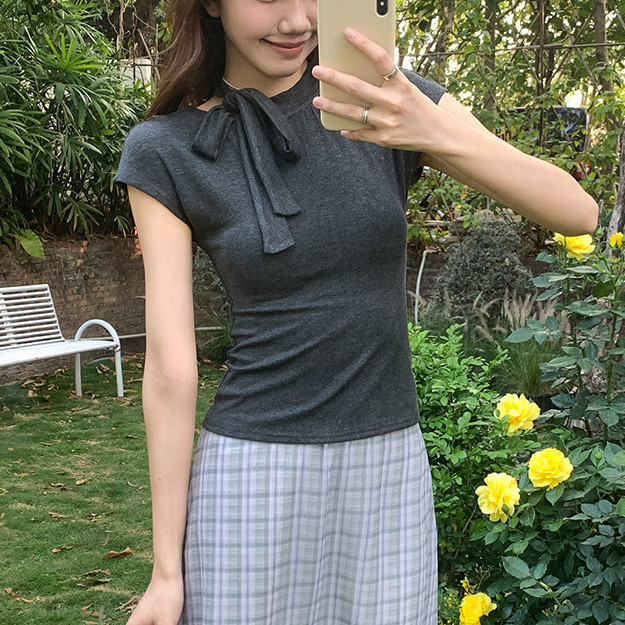 ขเสื้อยืดแขนสั้นโมดอลสําหรับฤดูร้อนสําหรับผู้หญิงสไตล์ฝรั่ รูปที่ 7