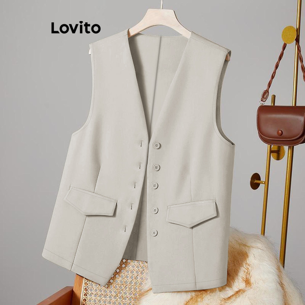 (Trendy) Lovito เสื้อกล้ามลําลองปุ่มฤดูร้อนด้านหน้าไหล่เย็นด้านบนสําหรับผู้หญิง LNE52456